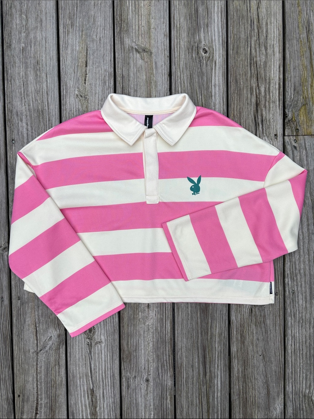 Missguided x Playboy Preppy Collegiate Striped Cropped Rugby Sweatshirt Size M